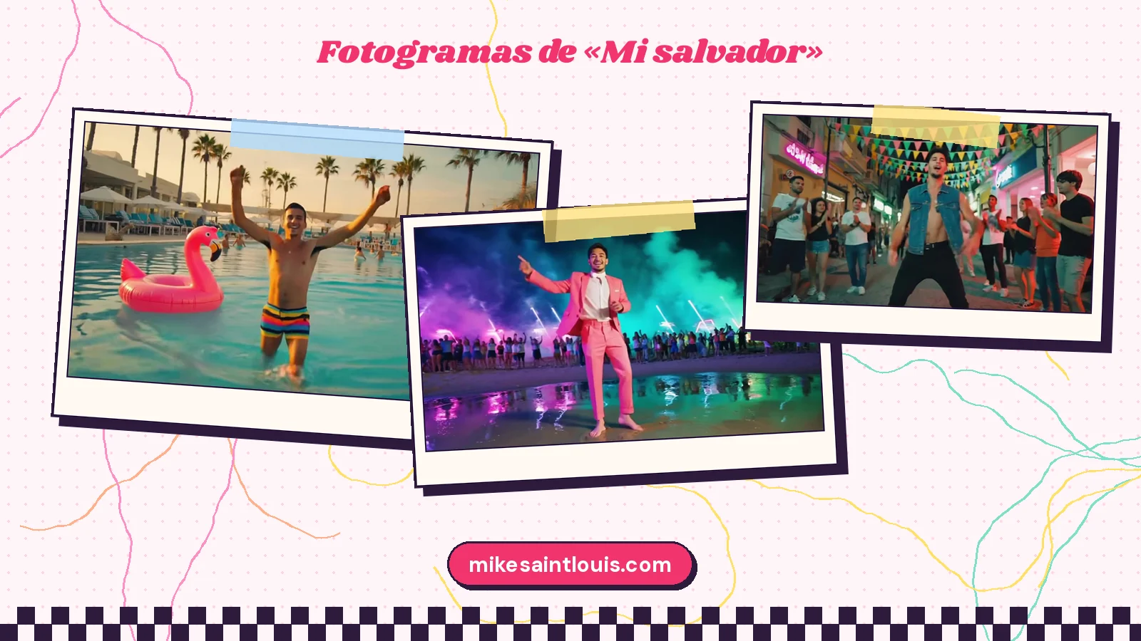 Tres planos del clip de «Mi salvador»: un bailarín con bañador de colores entre flotadores de flamenco, el traje rosa ante láseres y humo verde, y una calle con banderines de colores