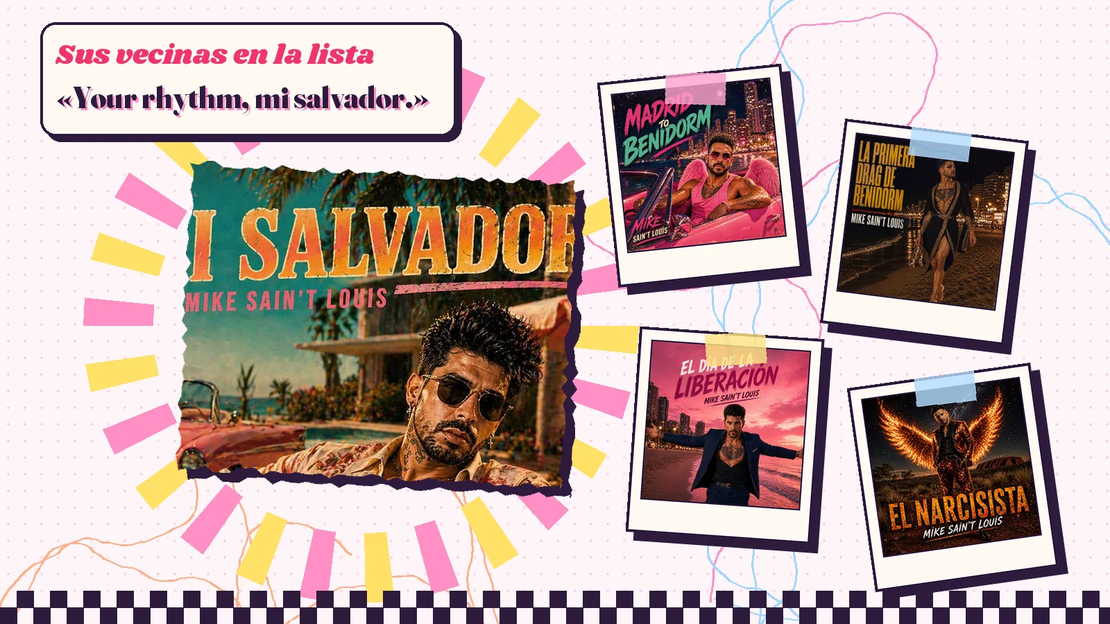 La portada de «Mi salvador» rodeada por las de «Madrid to Benidorm», «La primera drag de Benidorm», «El día de la liberación» y «El narcisista»