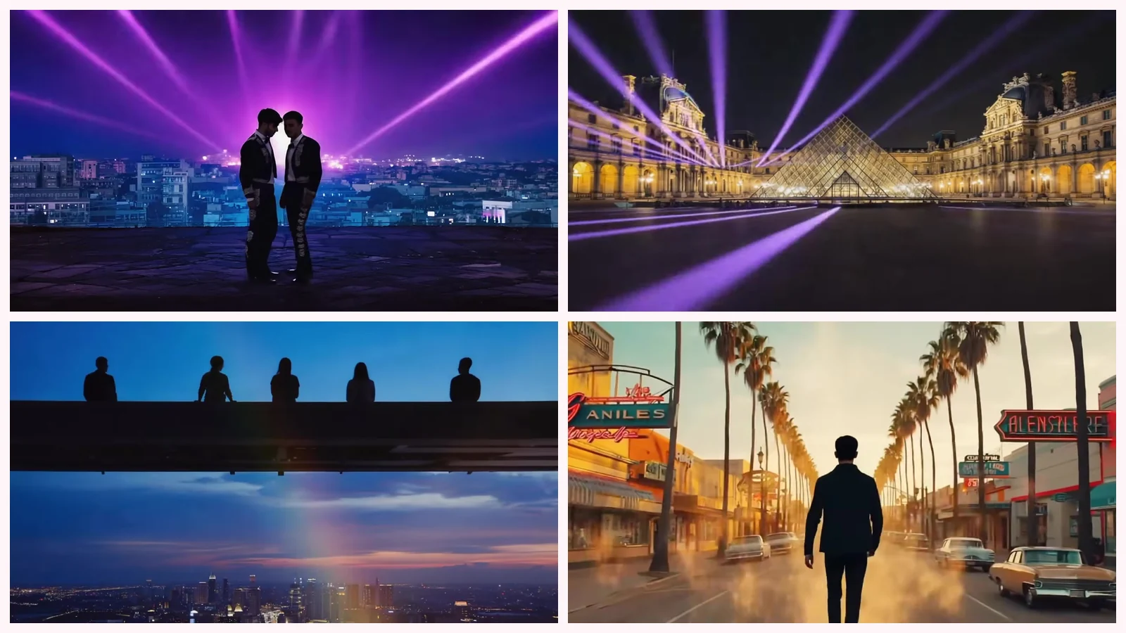 Mosaico de cuatro fotogramas de mis videoclips: una azotea con láseres sobre Barcelona, una pirámide de cristal iluminada en París, rascacielos bajo un arcoíris y un bulevar de palmeras al atardecer