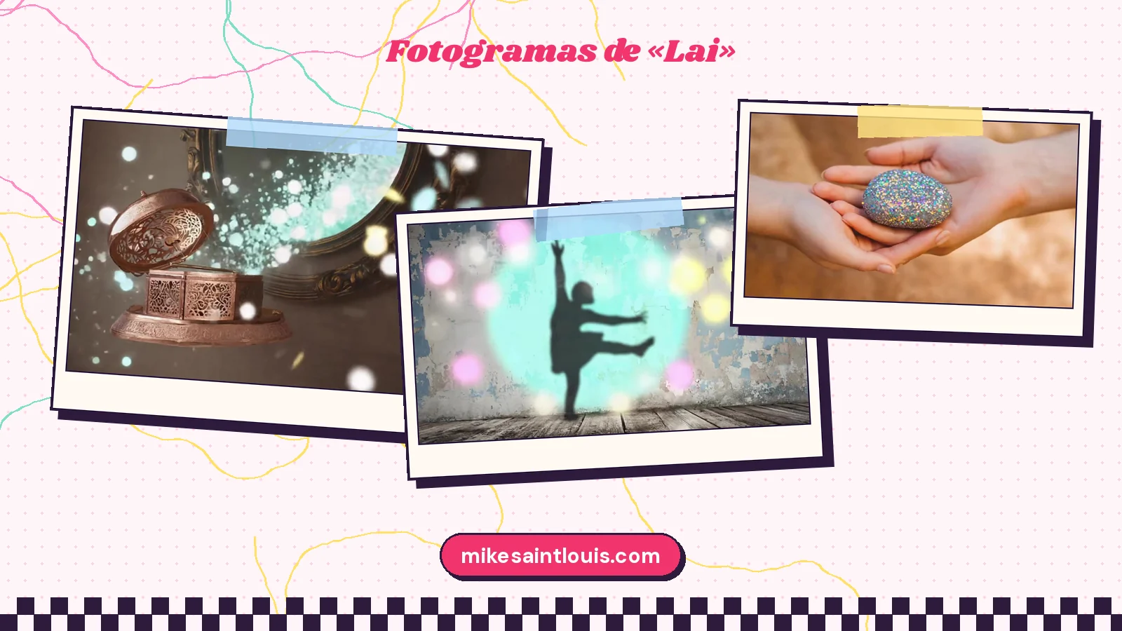 Tres fotogramas del videoclip de «Lai»: un joyero de bronce abierto ante un espejo que suelta purpurina turquesa, la sombra de una bailarina con falda sobre una pared desconchada y dos manos que sostienen una piedra cubierta de purpurina