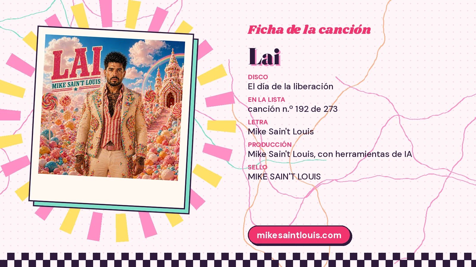 Ficha de «Lai» con su carátula de caramelos: tercer disco «El día de la liberación», canción n.º 192 de 273, letra y producción de Mike Sain't Louis