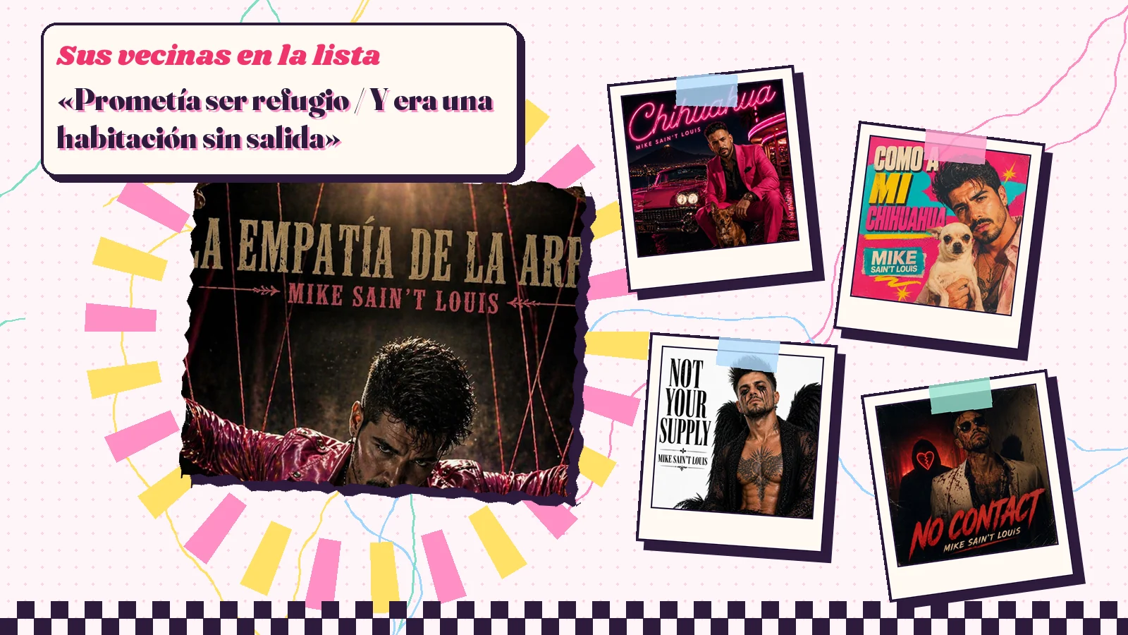 Collage con un detalle de la carátula de «La empatía de la arpía» y las carátulas de «Chihuahua», «Como a mi chihuahua», «Not Your Supply», «No Contact»