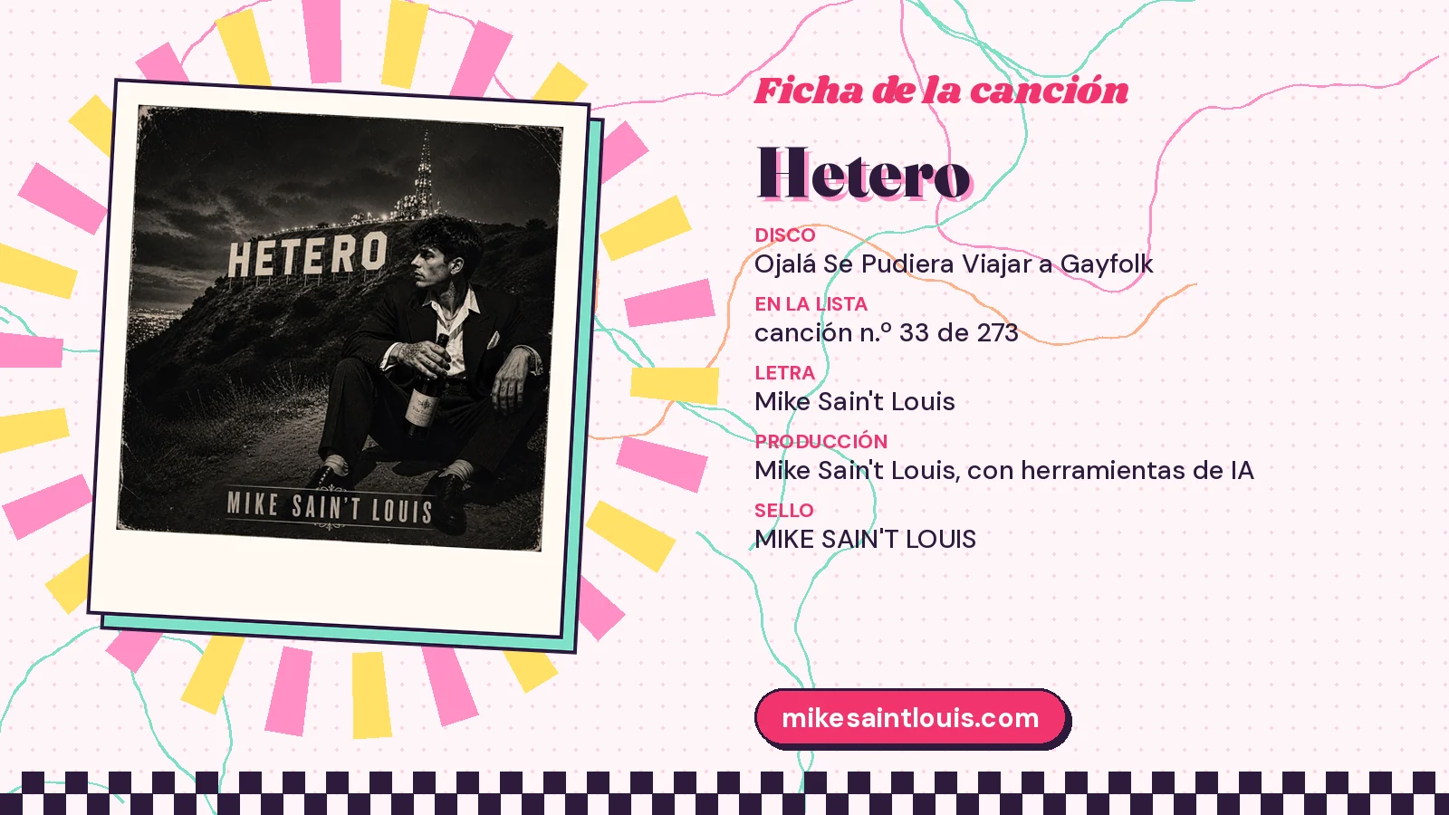Ficha de «Hetero» con su carátula en blanco y negro: disco «Ojalá se pudiera viajar a Gayfolk», canción 33 de 273, letra y producción de Mike Sain't Louis
