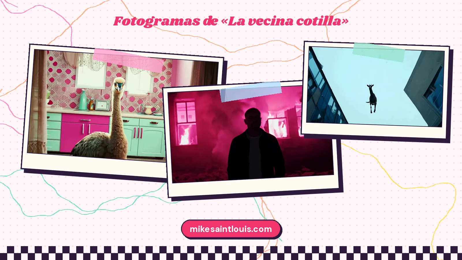 Tres fotogramas del clip de «La vecina cotilla»: un avestruz de pie en una cocina rosa y turquesa, una silueta ante una casa de ventanas rosas entre humo fucsia y una cabra que vuela entre dos edificios vista desde abajo