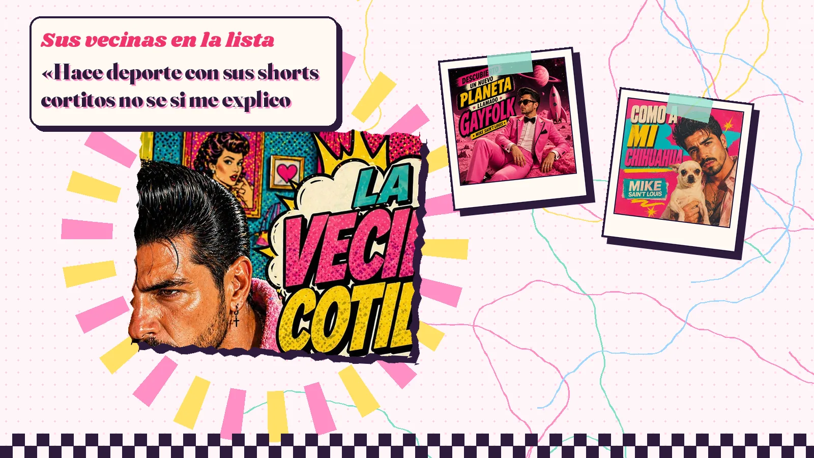 Detalle de la portada de «La vecina cotilla» con los versos del vecino de los shorts, junto a las portadas de «Descubierto un nuevo planeta llamado Gayfolk» y «Cómo a mi chihuahua»