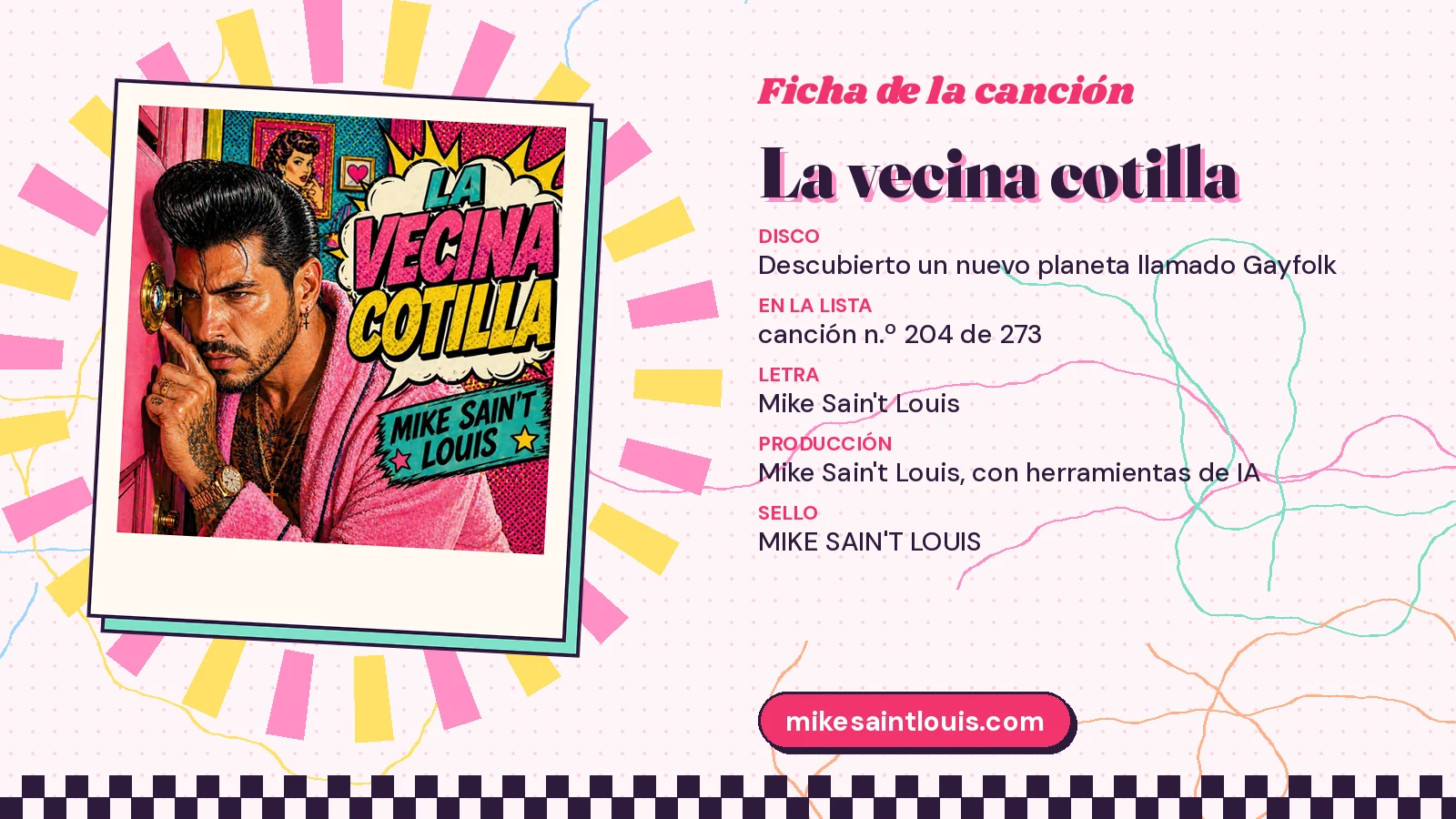 Ficha de «La vecina cotilla» con su portada enmarcada, su número en el catálogo y los créditos de letra y producción