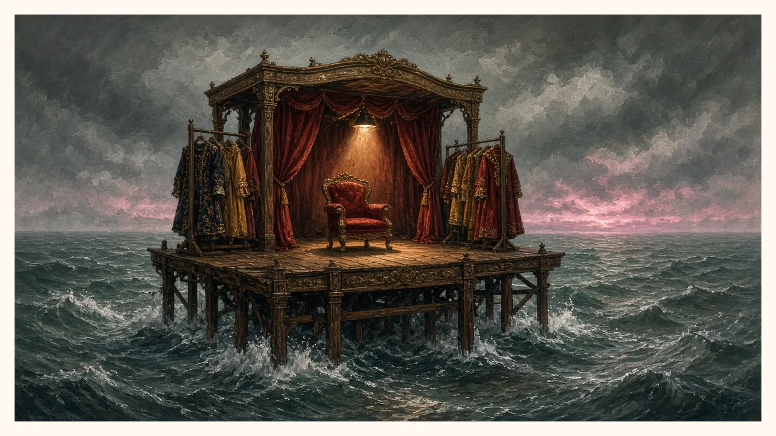 Ilustración sin personas: un pequeño teatro de madera sobre pilotes en mitad de un mar de tormenta, con telón rojo, una butaca vacía y trajes colgados