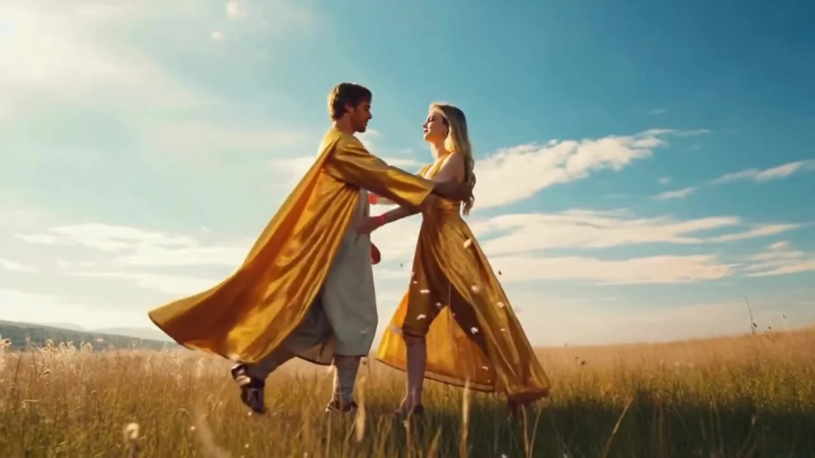 Fotograma del videoclip de «20 años»: dos figuras con capas doradas bailan abrazadas en un campo de trigo al atardecer