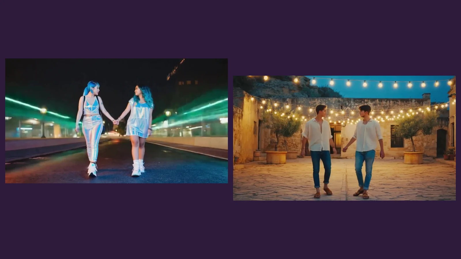 Dos fotogramas del videoclip de «20 años»: dos chicas de pelo azul de la mano en una carretera con estelas de luz y dos chicos de blanco en un patio con guirnaldas de bombillas