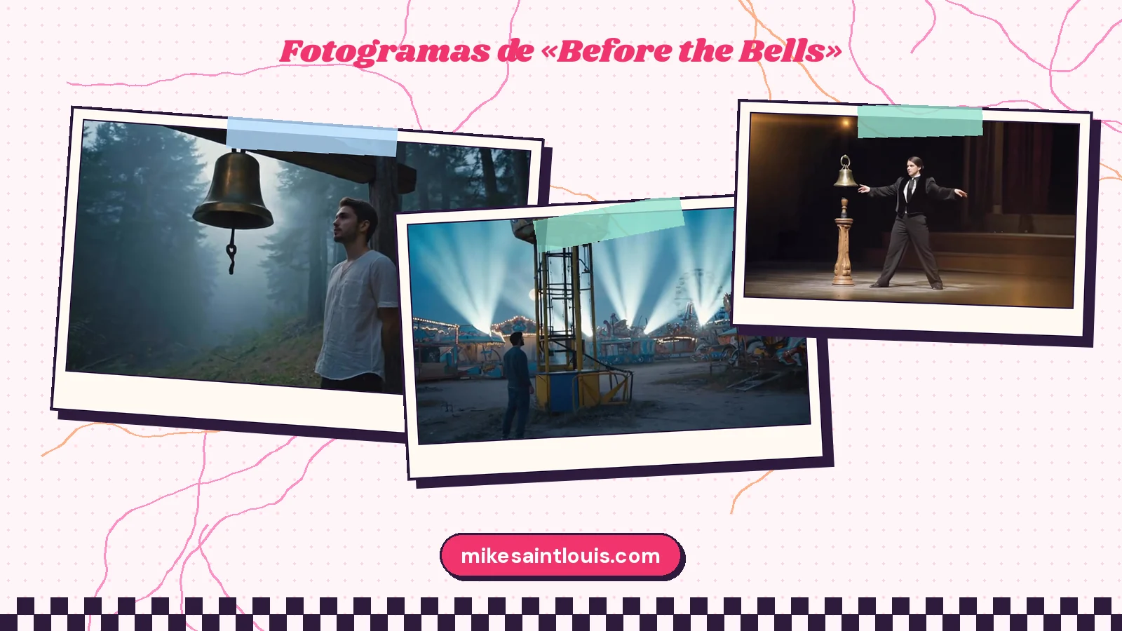 Cuatro fotogramas del videoclip de «Before the Bells»: la escalera del campanario, la feria vacía con focos, un teatro con una campana en un pedestal y una vía de tren con niebla
