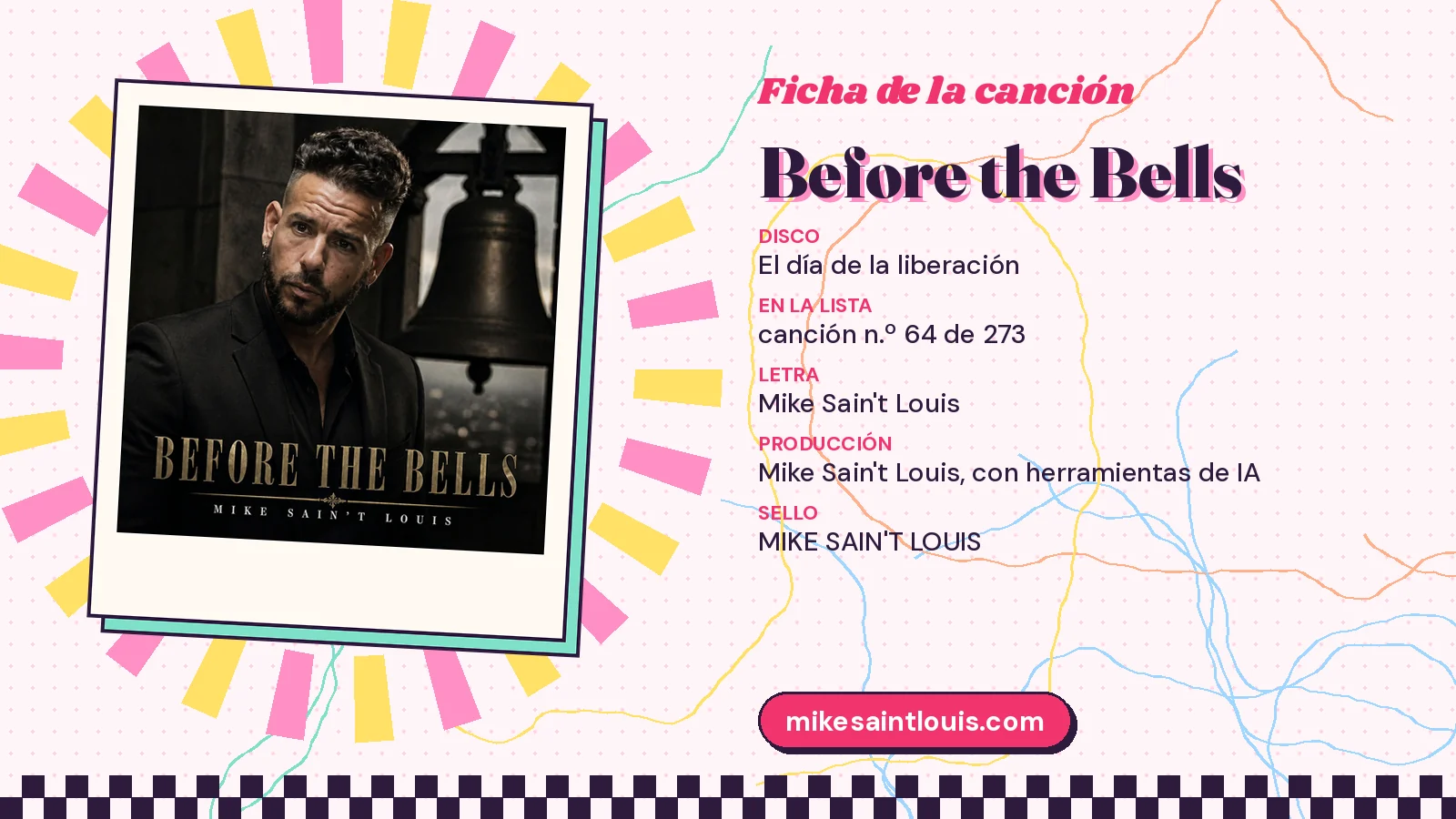 Ficha técnica de «Before the Bells» con su carátula en blanco y negro: tercer álbum «El día de la liberación», letra y producción de Mike Sain't Louis