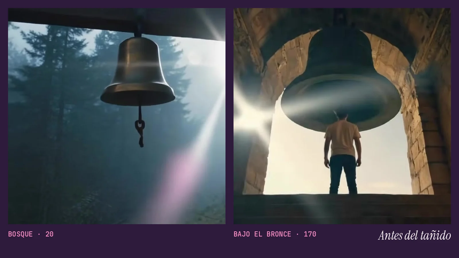 Dos fotogramas del videoclip de «Before the Bells»: una campana pequeña colgada ante un bosque con niebla y una figura de espaldas, de pie bajo una campana enorme dentro de un arco de piedra