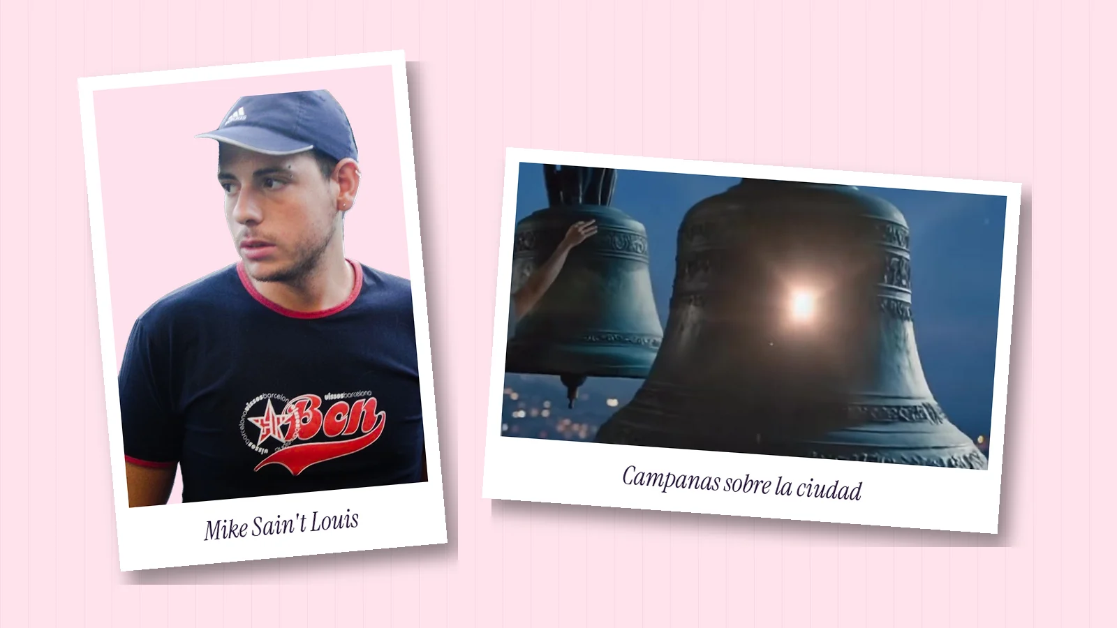 Dos polaroids sobre fondo rosa: una foto real de Mike Sain't Louis con gorra y camiseta oscura y, al lado, un fotograma del videoclip de «Before the Bells» con dos campanas de bronce sobre una ciudad de noche