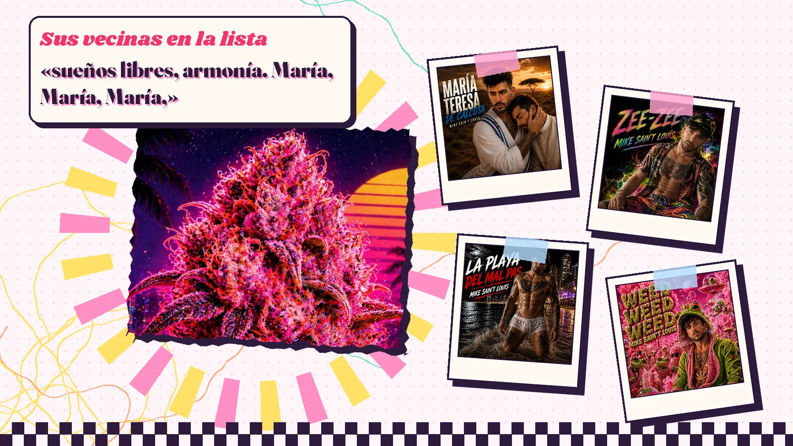 Collage with a detail of the «María María» cover art and the covers of «María Teresa de Calcuta», «Zee-Zee», «La playa del Mal Pas» and «Weed, Weed, Weed»