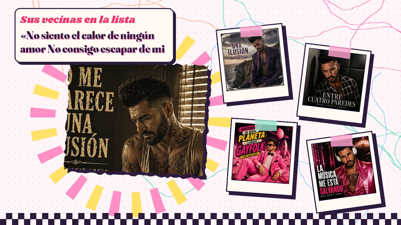 Collage con un detalle de la carátula de «No me aparece una ilusión» y las carátulas de «Una ilusión», «Entre cuatro paredes», «Descubierto un nuevo planeta llamado GAYFOLK», «La música me está salvando»