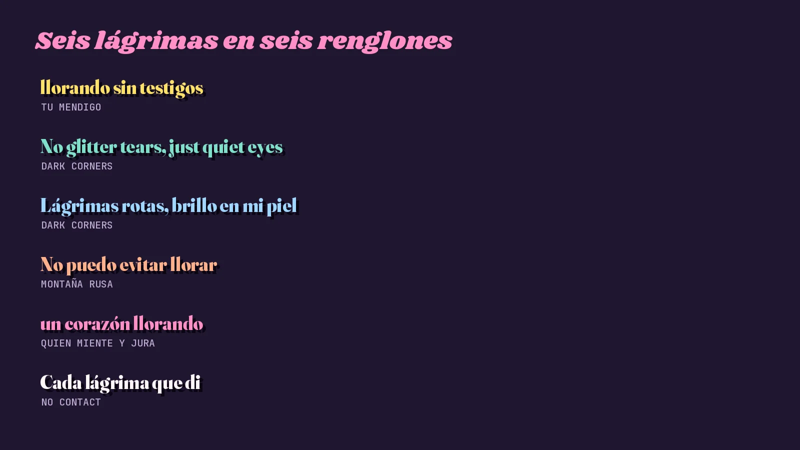 Tarjeta tipográfica oscura con seis renglones de lágrimas de mis letras, cada uno con su canción: Tu mendigo, dos de Dark Corners, Montaña rusa, Quien miente y jura y No Contact