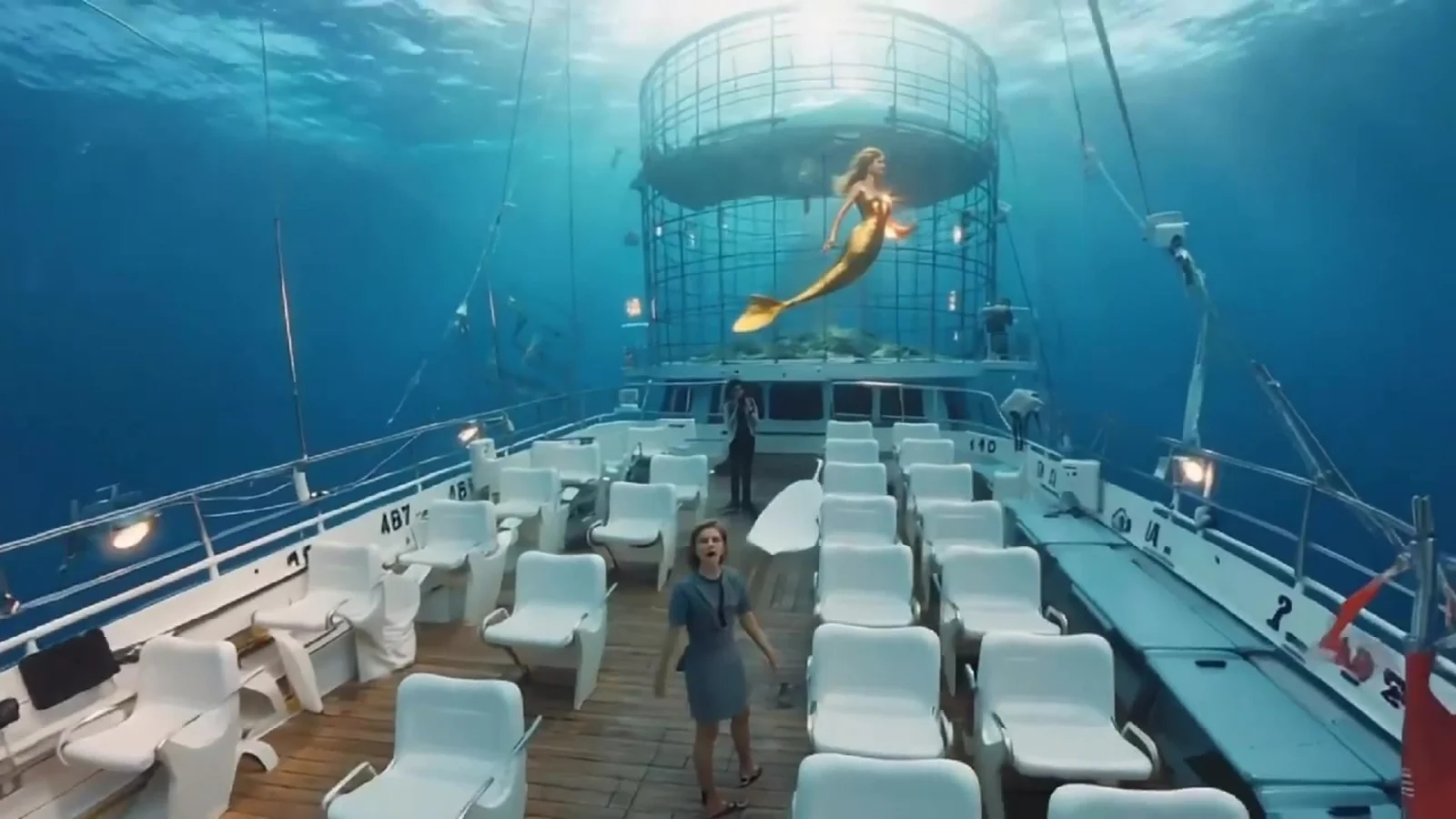 Fotograma del videoclip de «En Canarias no existen las sirenas»: la cubierta de un ferri sumergida en agua azul, con filas de asientos blancos vacíos y una jaula con una sirena flotando al fondo