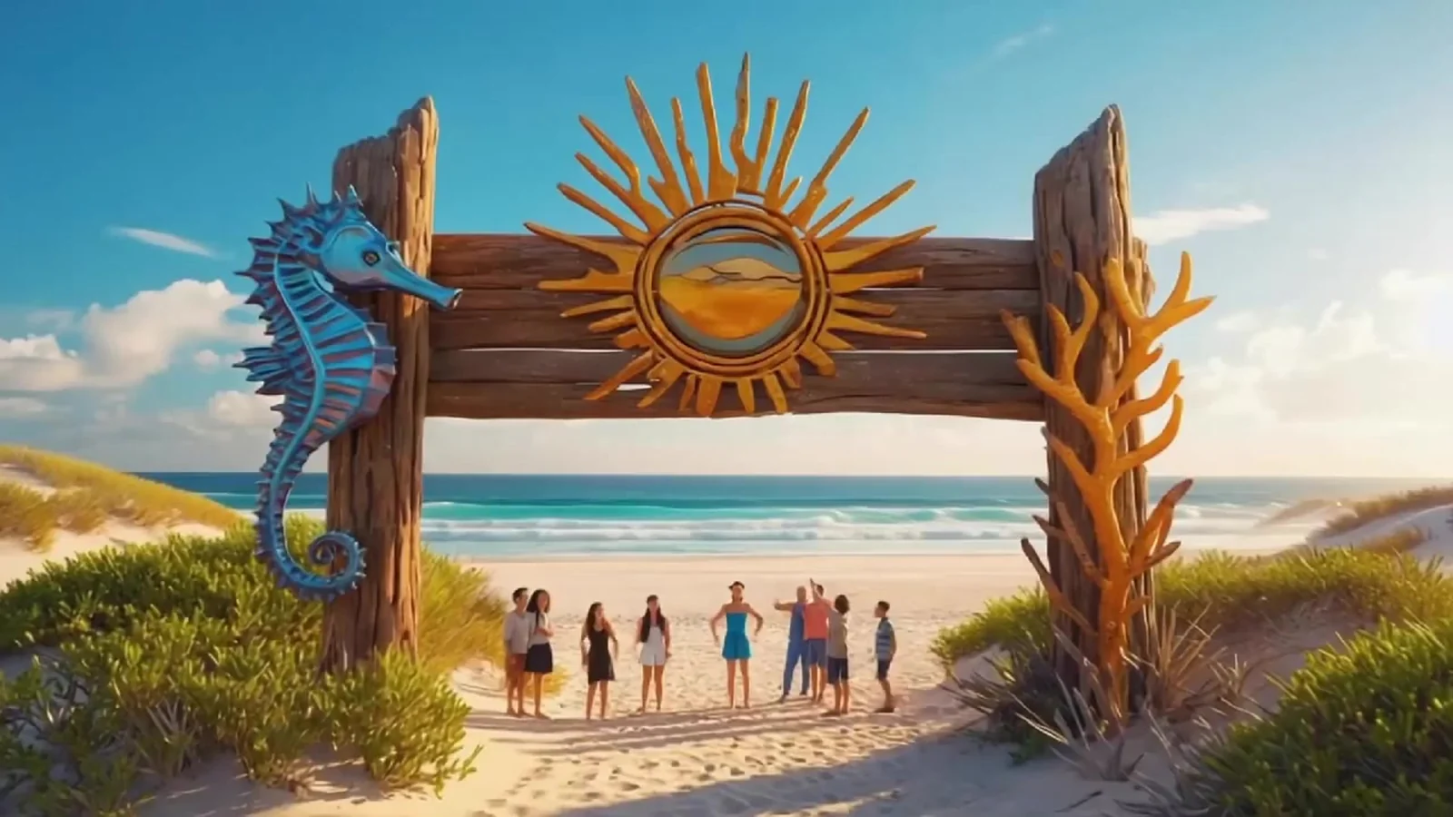 Fotograma del videoclip de «En Canarias no existen las sirenas»: un arco de madera coronado por un sol tallado y un caballito de mar a la entrada de una playa de arena dorada, con un grupo de personas lejos junto a la orilla