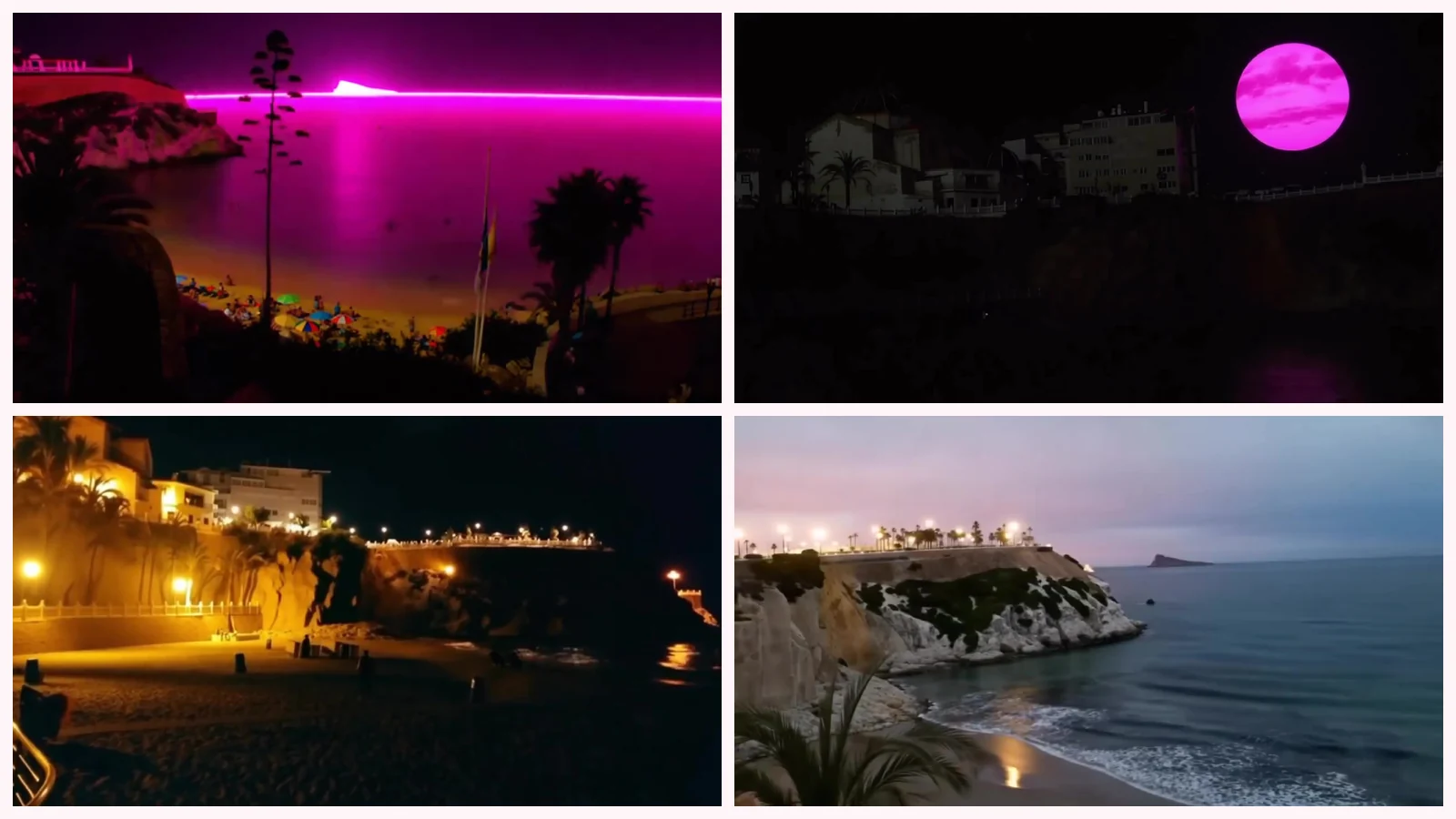 Mosaico de cuatro fotogramas de «La playa del Mal Pas»: una línea de neón rosa sobre la bahía al anochecer, una esfera rosa sobre los edificios a oscuras, el paseo iluminado del acantilado de noche y la costa rocosa al atardecer