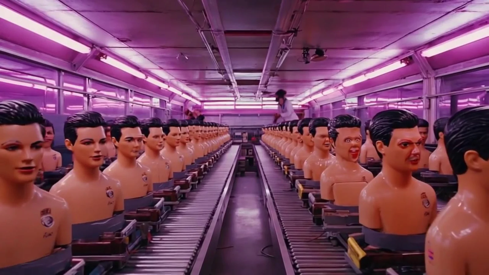 Fotograma del videoclip de «Mainstream»: una nave larga con luces de neón rosa y dos cintas transportadoras llenas de bustos de maniquí con la misma cara