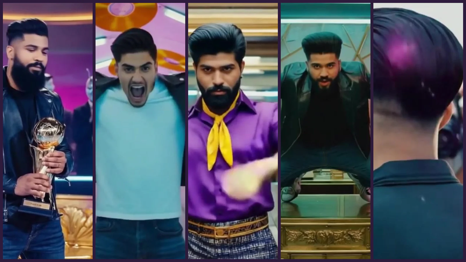 Cinco franjas verticales del videoclip de «Mainstream»: el chico de barba con un trofeo ante un público con caretas, el túnel de discos dorados, la sala de juntas con enmascarados de calavera, el salto sobre una mesa dorada y un chico de tupé de espaldas ante una pared de flashes