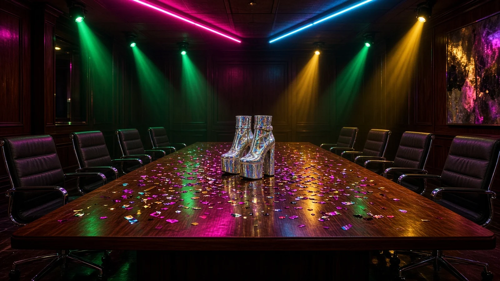 Ilustración sin personas de una sala de juntas vacía con una mesa larga cubierta de confeti metálico, unas botas plateadas de plataforma en el centro y focos verdes y amarillos
