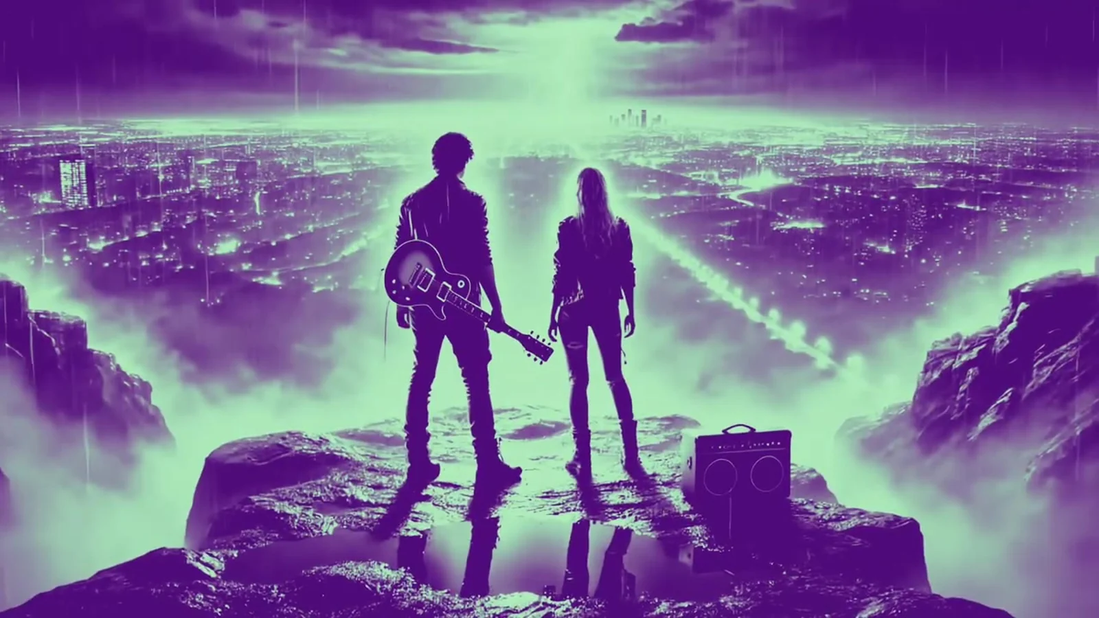 Fotograma del videoclip de «Tus letras son basura» en violeta y verde menta: dos figuras de espaldas, una con guitarra, de pie sobre una roca ante una ciudad inmensa envuelta en niebla y lluvia