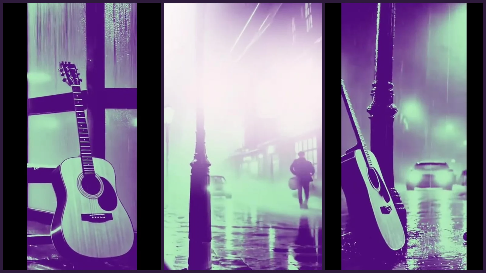 Tira de tres detalles del videoclip de «Tus letras son basura» en violeta y verde menta, sin personas en primer plano: una guitarra apoyada en el cristal de una marquesina, una acera mojada por la que se aleja una figura diminuta y otra guitarra apoyada en una farola