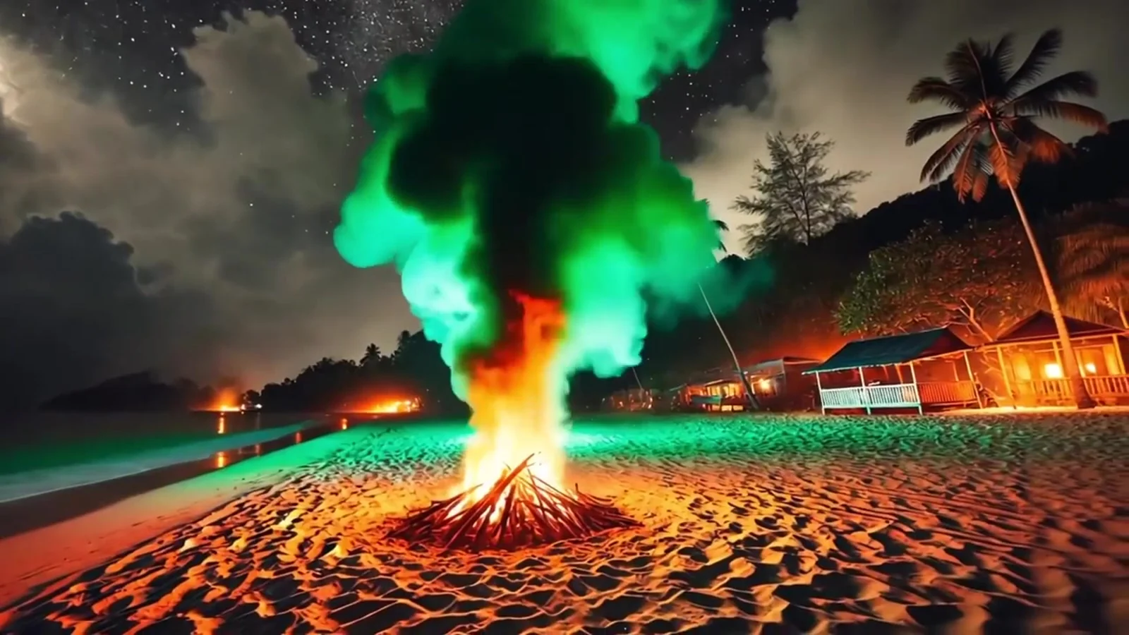 Fotograma del videoclip de «Green Fire»: una hoguera sola en la arena de noche, con una columna de humo verde brillante que sube entre palmeras
