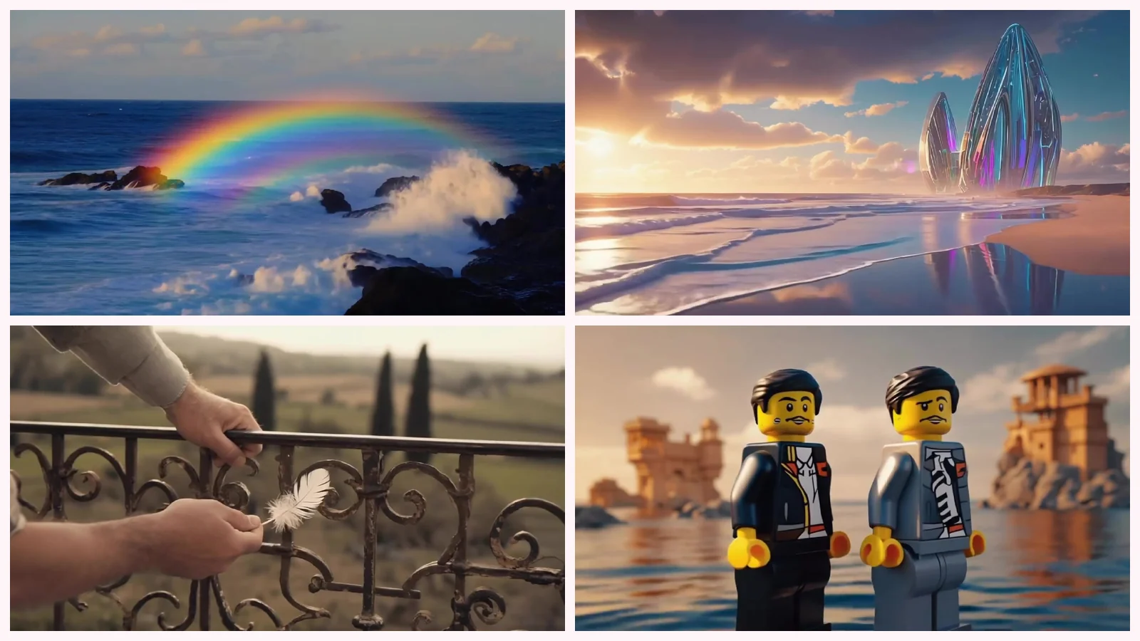 Cuatro fotogramas del videoclip de «Green Fire»: un arcoíris sobre olas que rompen en rocas negras, unas torres de cristal irisado sobre el mar al amanecer, dos manos que sostienen una pluma blanca sobre una baranda de hierro y dos muñecos de juguete con chaqueta en el agua ante castillos de arena