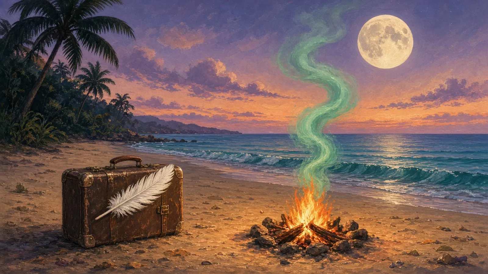 Ilustración sin personas de una playa al anochecer con una maleta antigua sobre la arena, una pluma blanca encima y una pequeña hoguera cuyo humo verde sube en espiral hacia la luna llena