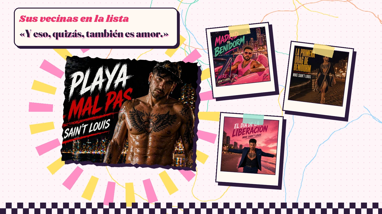 Collage con un detalle de la carátula de «La playa del Mal Pas» y las carátulas de «Madrid to Benidorm», «La primera drag de Benidorm», «El día de la liberación»