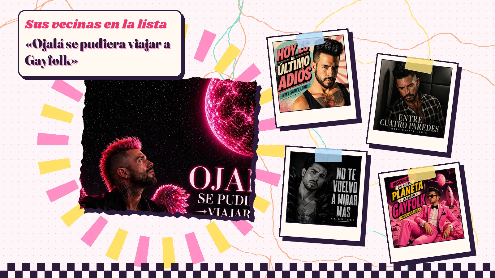 Collage con un detalle de la carátula de «Ojalá se pudiera viajar a Gayfolk» y las carátulas de «Hoy es el último adiós», «Entre cuatro paredes», «No te vuelvo a mirar más», «Descubierto un nuevo planeta llamado Gayfolk»