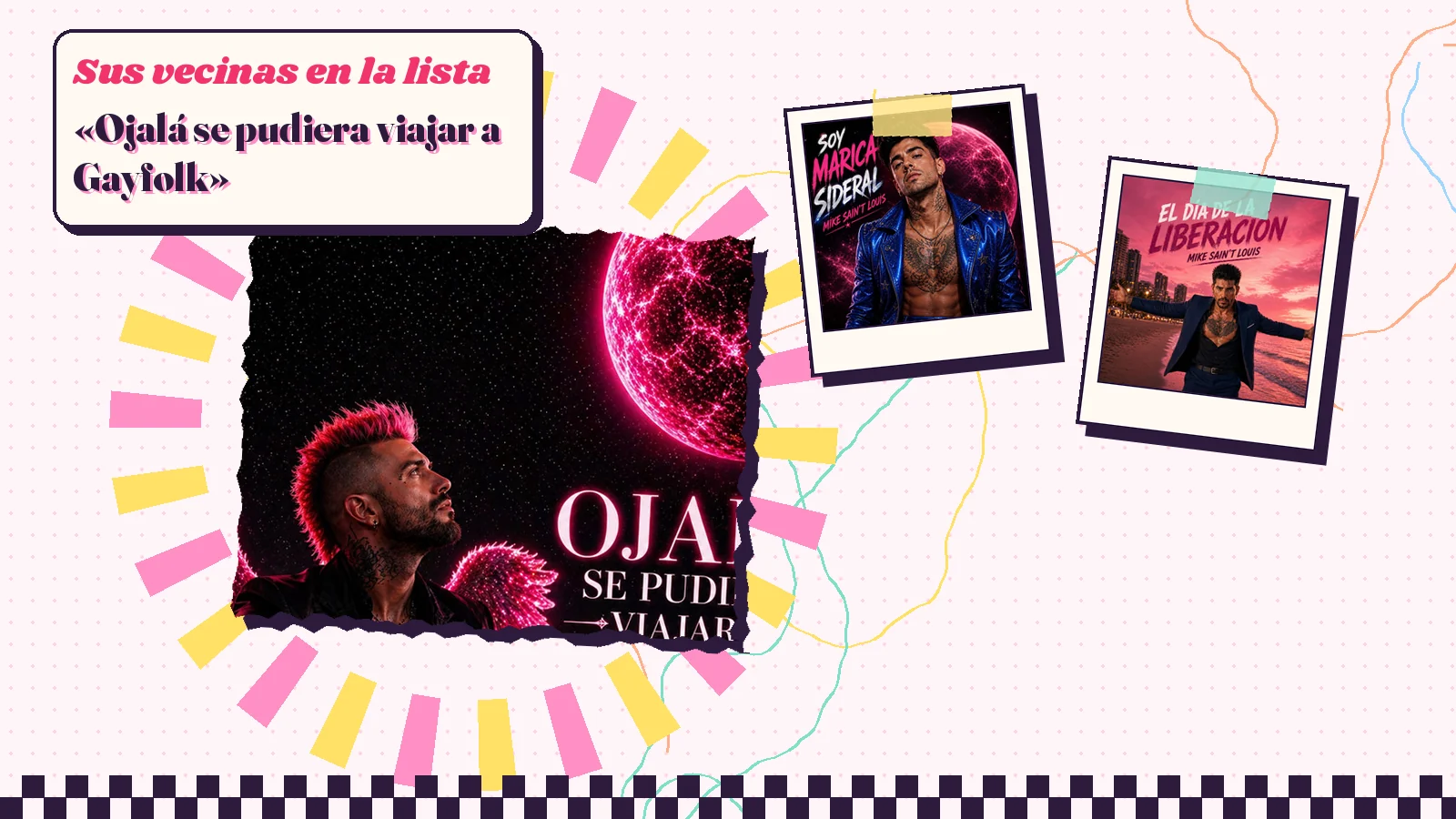 Collage con un detalle de la carátula de «Ojalá se pudiera viajar a Gayfolk» y las carátulas de «Soy marica sideral», «El día de la liberación»