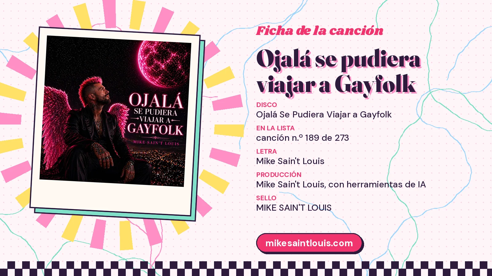 Ficha de la canción «Ojalá se pudiera viajar a Gayfolk» con su carátula: disco «Ojalá Se Pudiera Viajar a Gayfolk», letra y producción de Mike Sain't Louis
