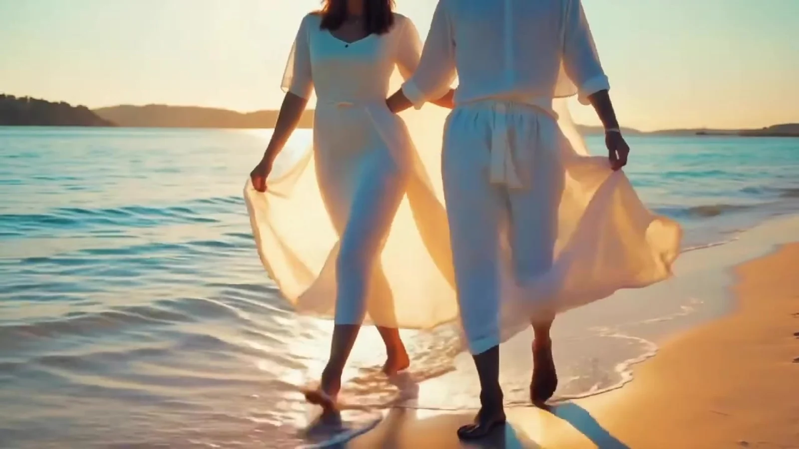Fotograma del videoclip de «Breeze»: dos figuras vestidas de lino blanco caminan de la mano por la orilla con los pies en el agua y la tela ondeando