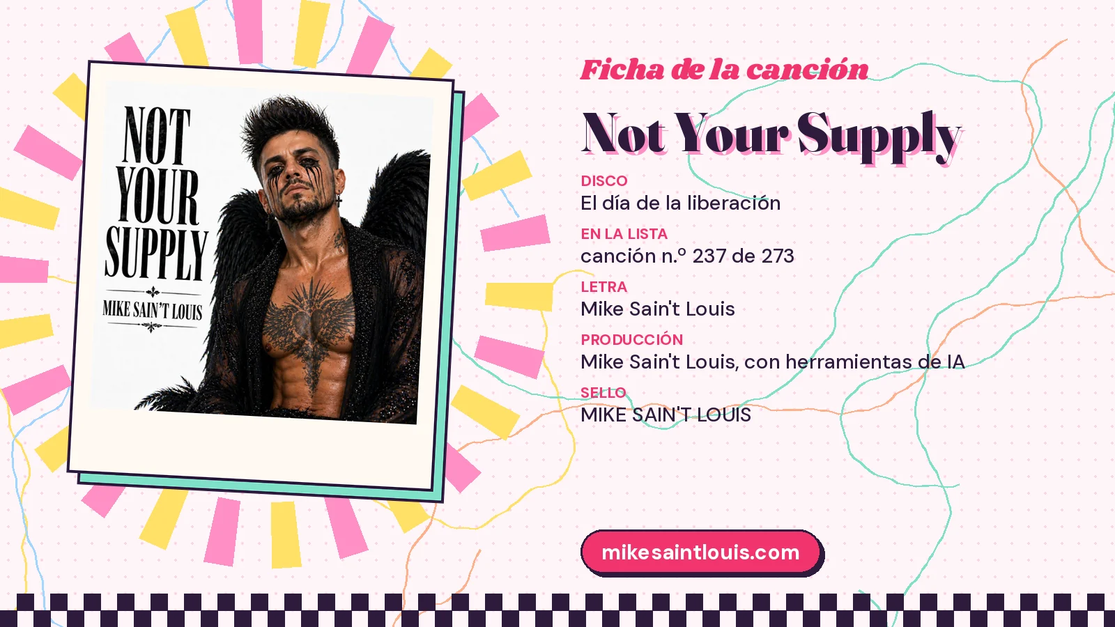 Ficha de la canción «Not Your Supply» con su carátula: disco «El día de la liberación», letra y producción de Mike Sain't Louis