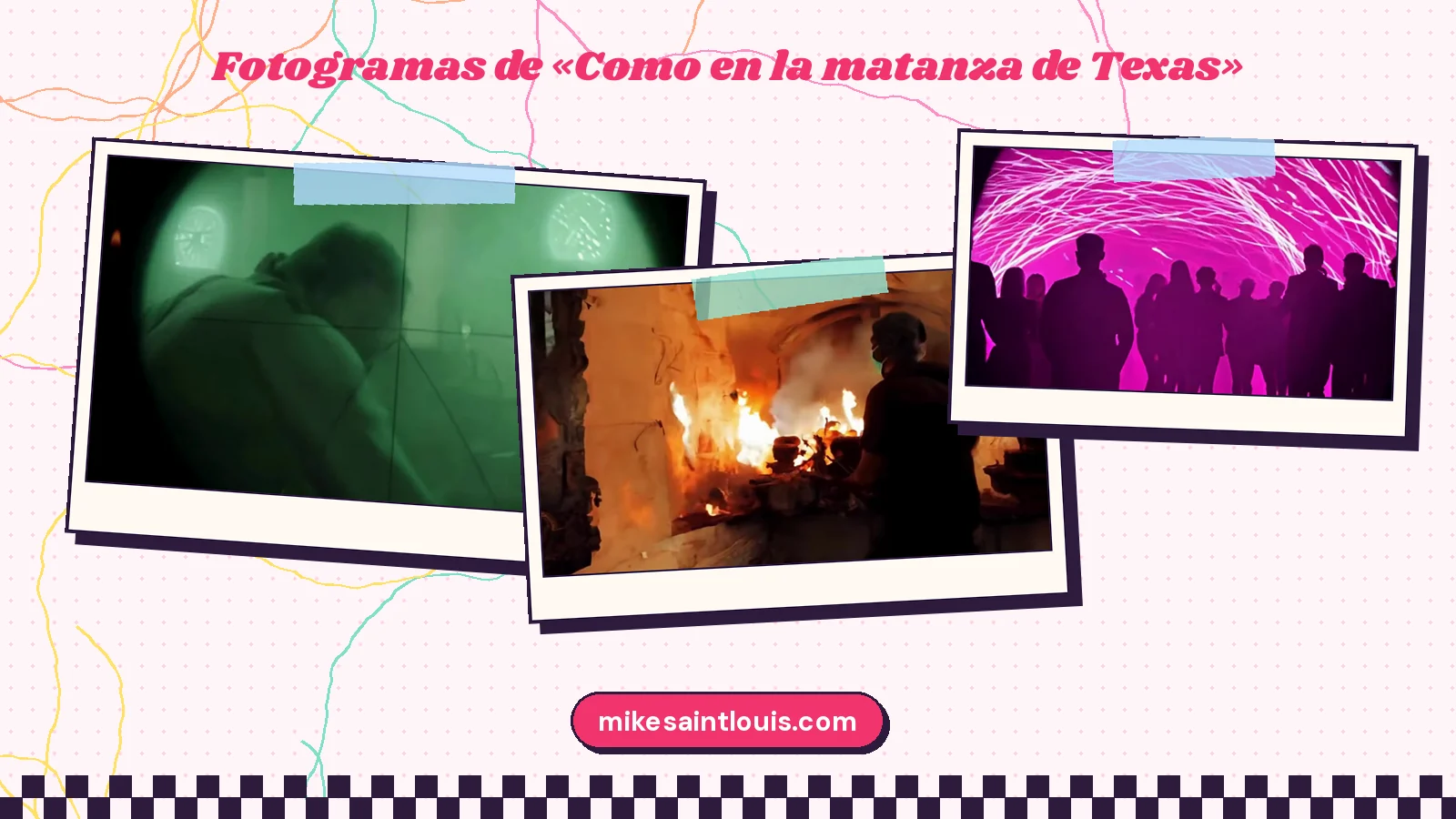 Tres fotogramas del videoclip de «Como en la matanza de Texas»: un hombre sentado visto con visión nocturna verde, un sótano de piedra con fuego y velas, y un grupo de siluetas bajo hilos de luz rosa y blanca