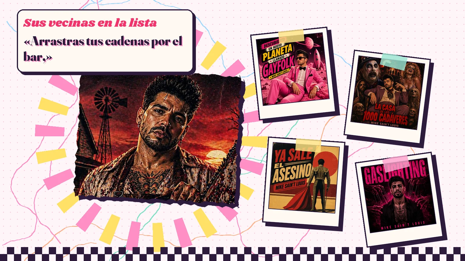 Collage con la portada de «Como en la matanza de Texas», un hombre ante un cielo rojo con un molino, y las portadas de cuatro canciones vecinas, entre ellas dos de cine de terror