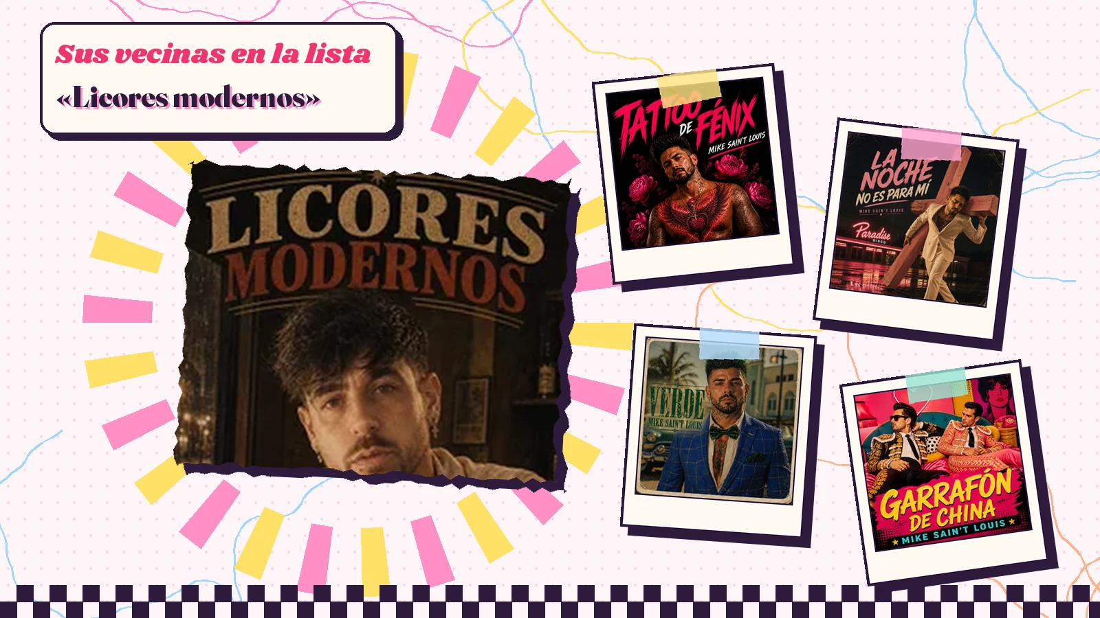 Collage con un detalle de la carátula de «Licores modernos» y las carátulas de «Tattoo de fénix», «La noche no es para mí», «Verde», «Garrafón de China»