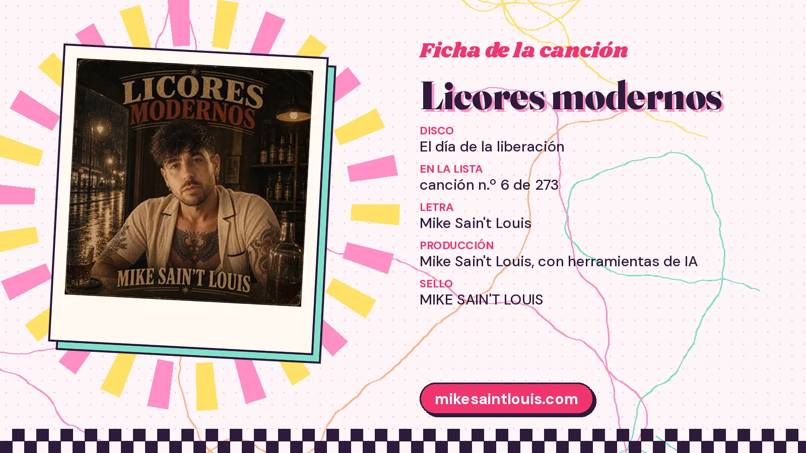 Ficha de la canción «Licores modernos» con su carátula: disco «El día de la liberación», letra y producción de Mike Sain't Louis