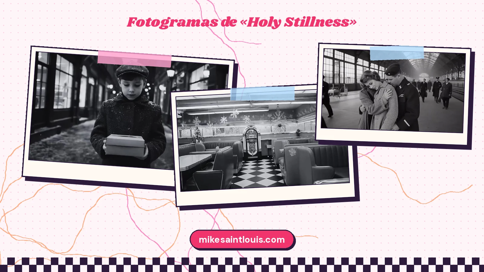 Tres fotogramas en blanco y negro del clip de «Holy Stillness»: el niño de la gorra con su caja de regalo, el restaurante vacío con gramola y suelo de damero, y el abrazo en la estación