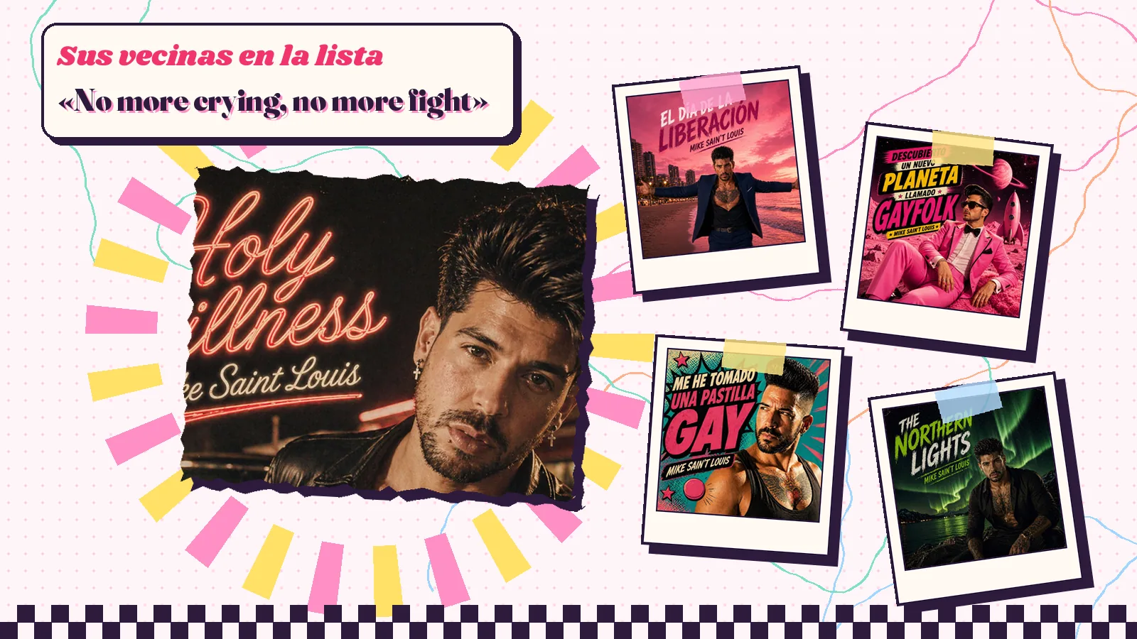 La portada de neón de «Holy Stillness» rodeada por las de «El día de la liberación», «Descubierto un nuevo planeta llamado GAYFOLK», «Me he tomado una pastilla gay» y «The Northern Lights»