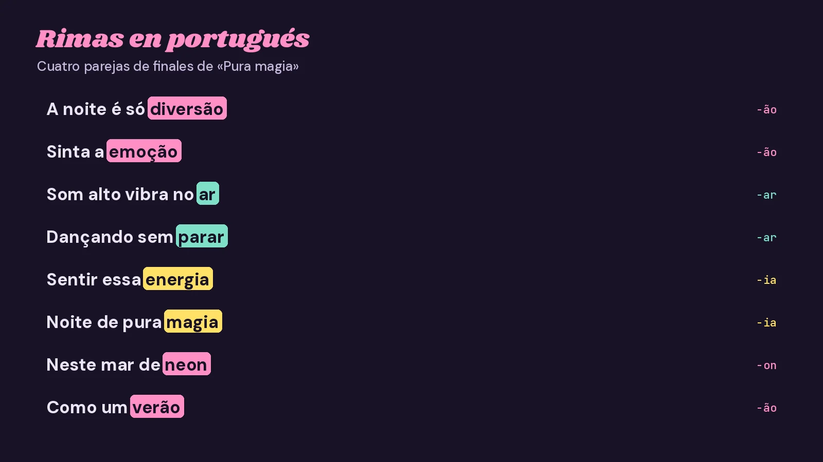 Cuatro parejas de rimas en portugués de «Pura magia» con sus finales resaltados en color