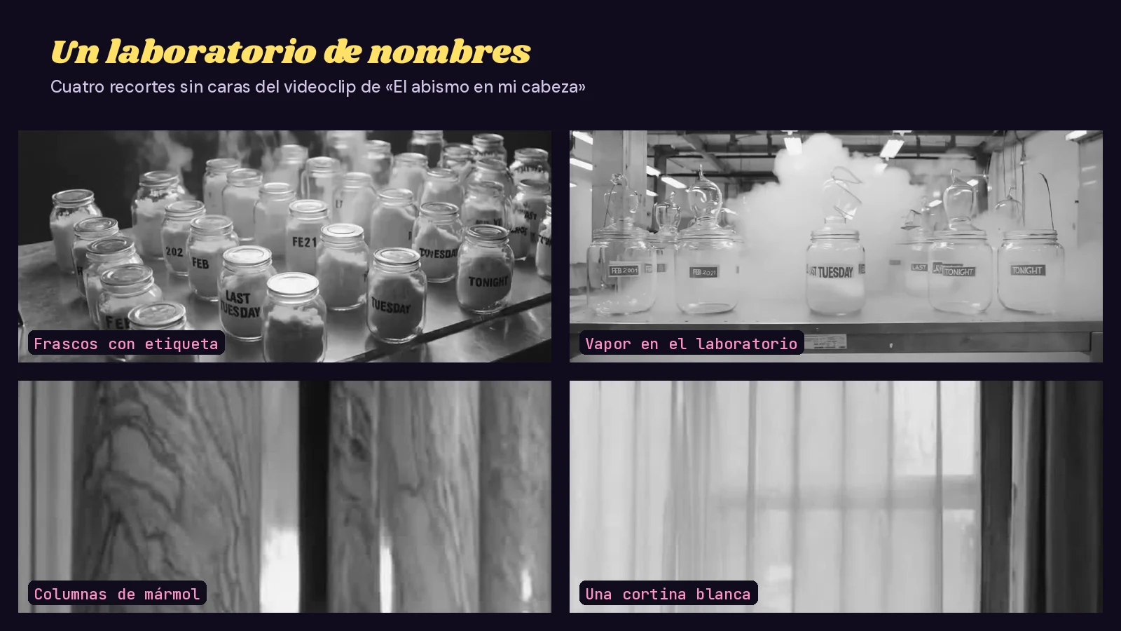 Mosaico en blanco y negro de cuatro recortes sin caras del videoclip de «El abismo en mi cabeza»: frascos etiquetados sobre una mesa, vapor entre frascos de laboratorio, columnas de mármol y una cortina blanca junto a una ventana