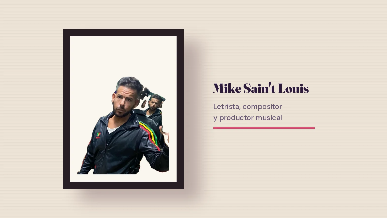 Retrato enmarcado de Mike Sain't Louis con chaqueta oscura, junto al texto letrista, compositor y productor musical