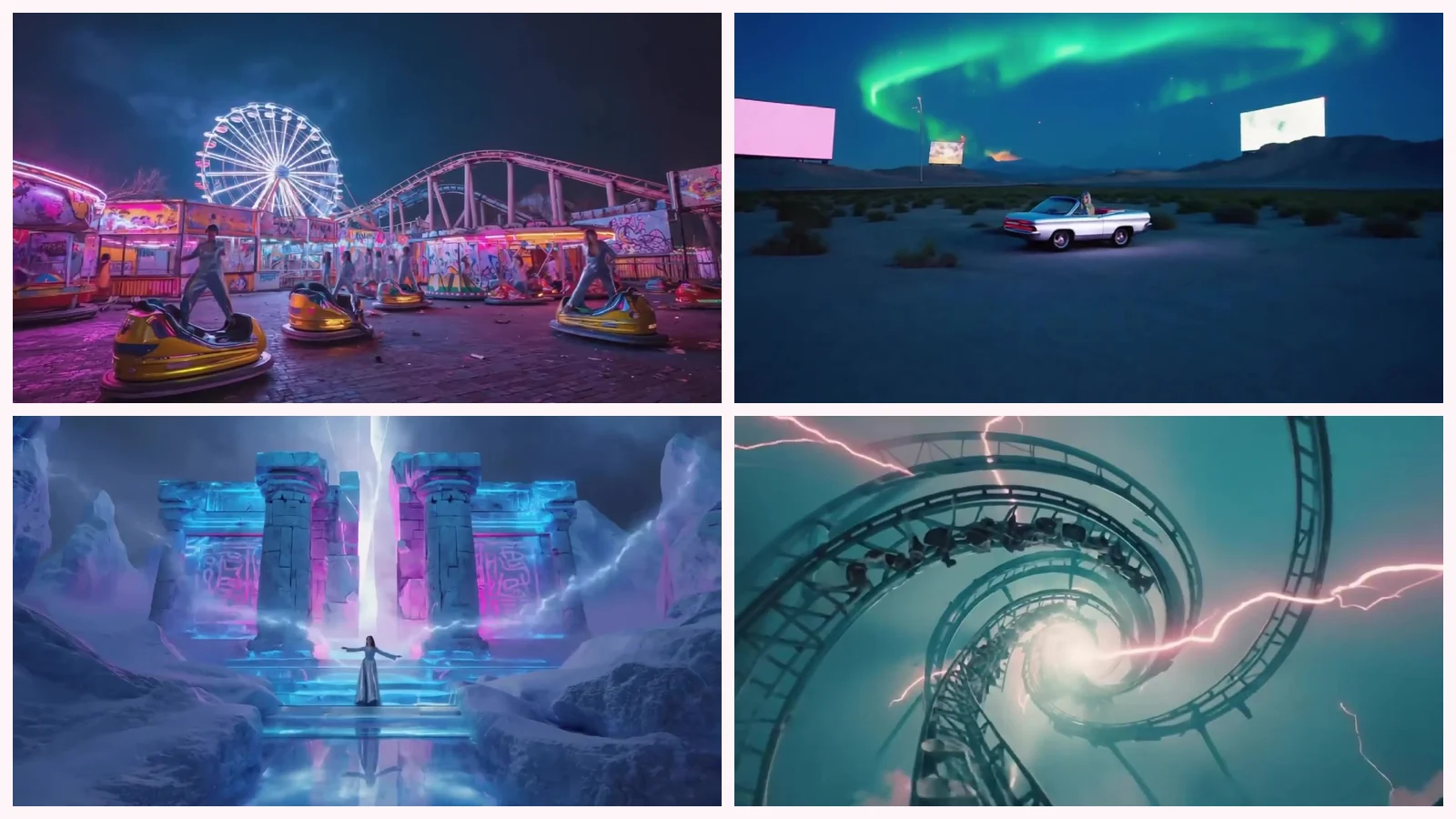 Mosaico de cuatro fotogramas del videoclip de «Whisper Fade»: una feria nocturna con noria iluminada, montaña rusa rosa y coches de choque amarillos; un coche descapotable blanco bajo una aurora verde entre vallas encendidas y vacías; un templo de dos columnas talladas con un haz de luz blanca en un valle helado; y una montaña rusa en espiral vista desde abajo con rayos rosas