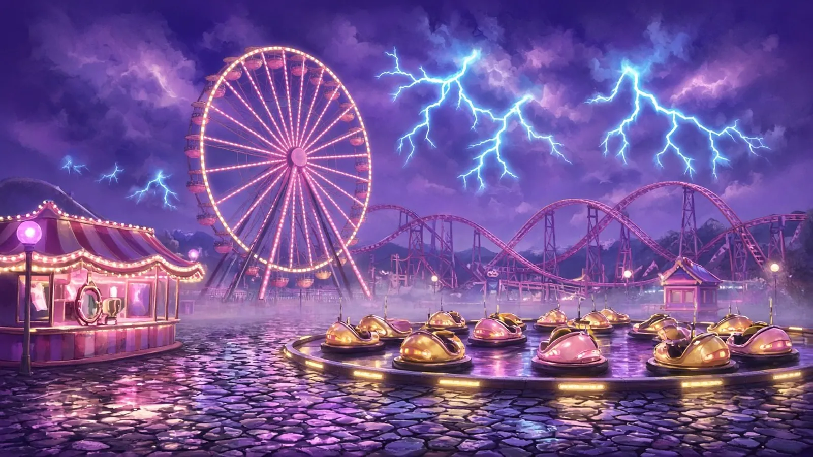 Ilustración sin personas de una feria vacía de noche bajo una tormenta silenciosa: noria rosa encendida, montaña rusa al fondo, coches de choque aparcados y rayos azules en un cielo violeta