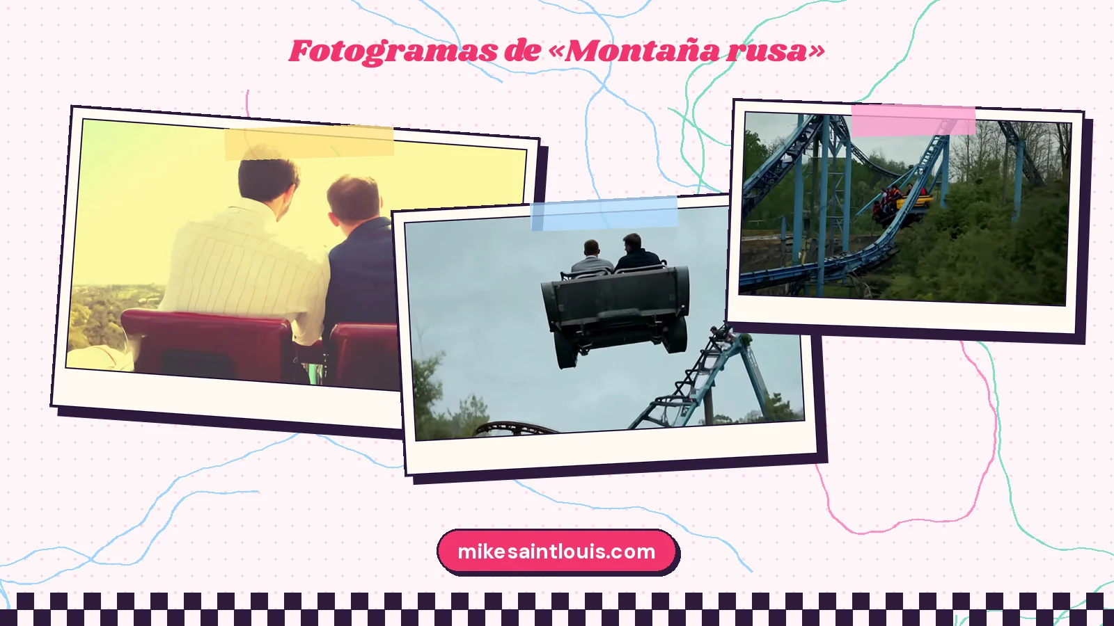 Tres fotogramas de «Montaña rusa»: dos chicos de espaldas en un vagón rojo con luz amarilla, un vagón que sale volando por encima de los raíles azules y un tren de vagones rojos y amarillos entre los árboles