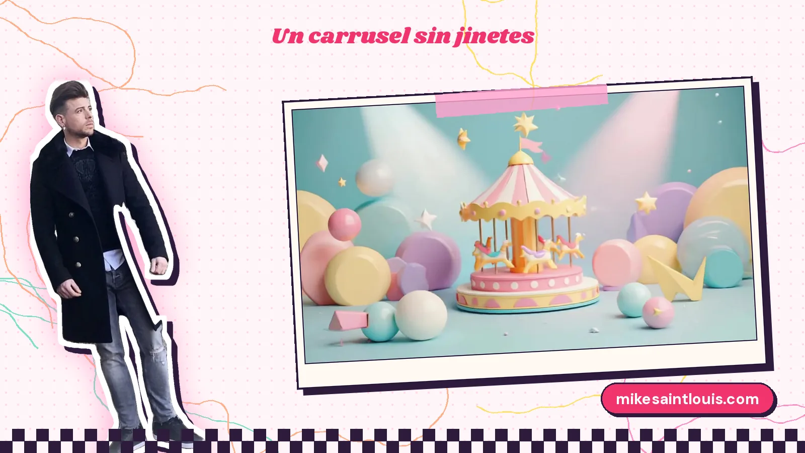 Mike Sain't Louis con abrigo negro junto a un carrusel de juguete de colores pastel rodeado de bolas flotantes, fotograma del videoclip de «Contact Overwhelms Me»